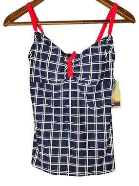 NWT Beach House Navy Windowpane Bandeau Tankini with Coral Straps Size 10